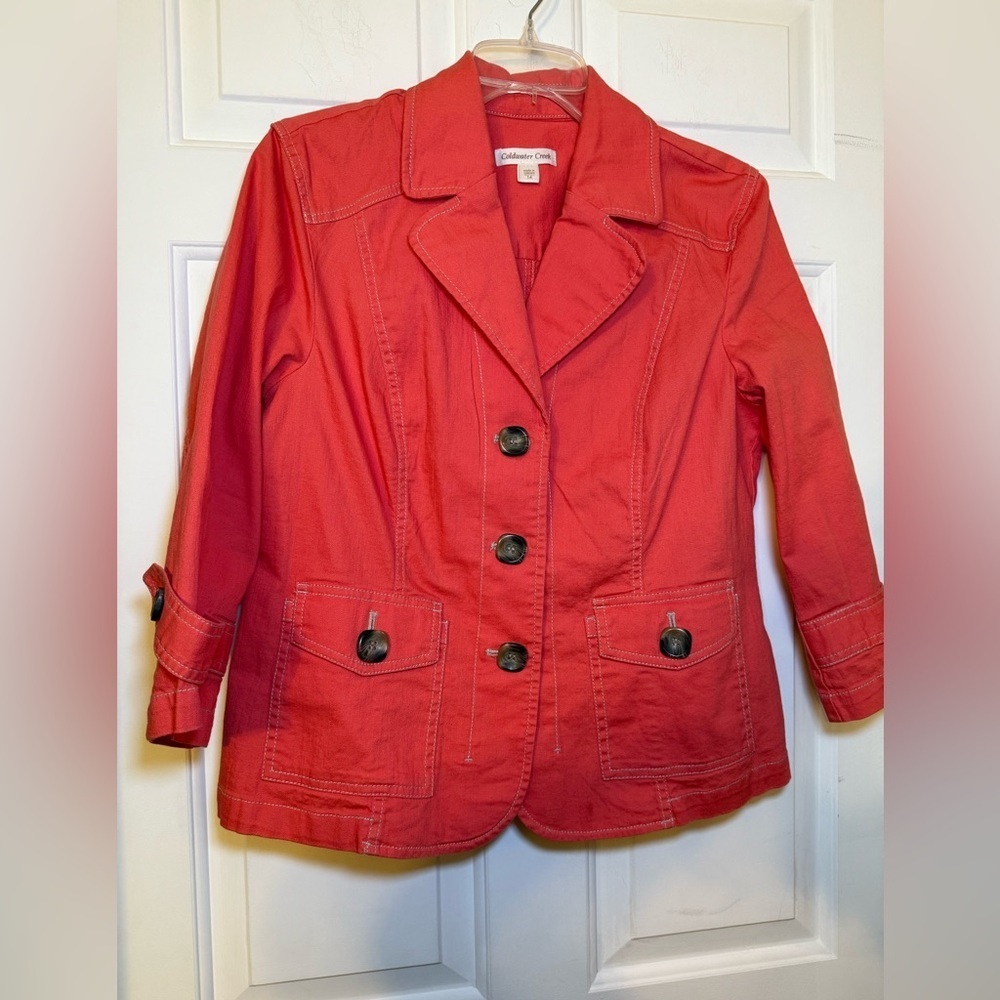 Coldwater Creek Coral Salmon  Denim Fitted Jacket Sz 14 Contrast Stitching
